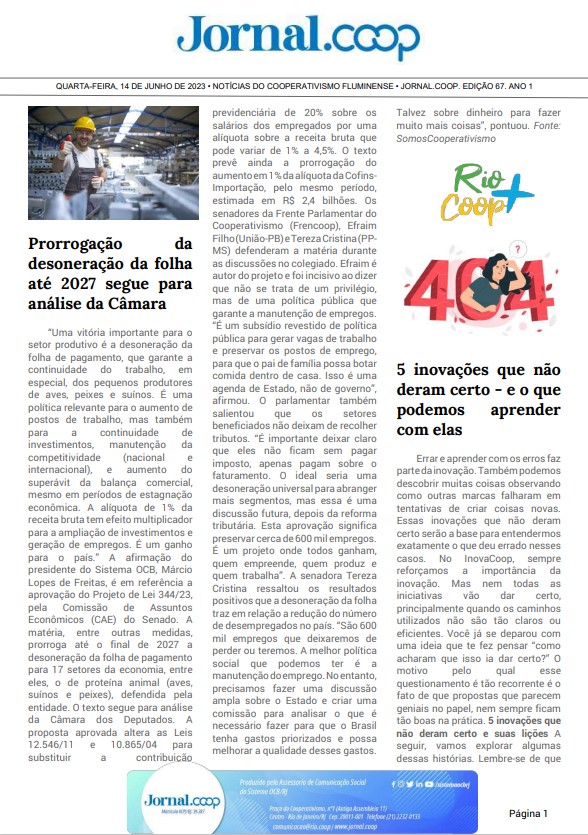 Jornal.Coop – Edição 67 – Ano 1 – 14 de junho de 2023