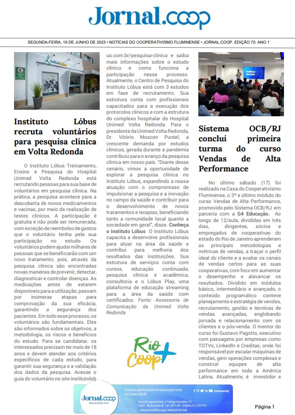 Jornal.Coop – Edição 70 – Ano 1 – 19 de junho de 2023