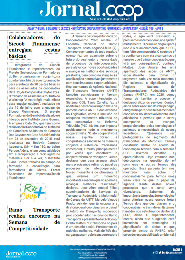 Jornal.Coop – Edição 106 – Ano 1 – 9 de agosto de 2023