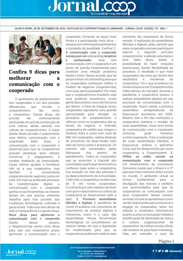Jornal.Coop – Edição 137– Ano 1 – 28 de setembro de 2023