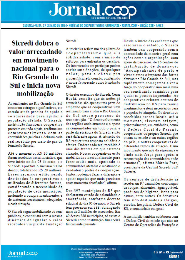 Jornal.Coop – Edição 228 – Ano 2 – 27 de maio de 2024