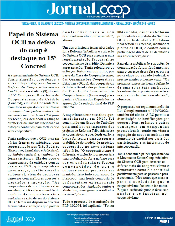 Jornal.Coop – Edição 244 – Ano 2 – 13 de agosto de 2024