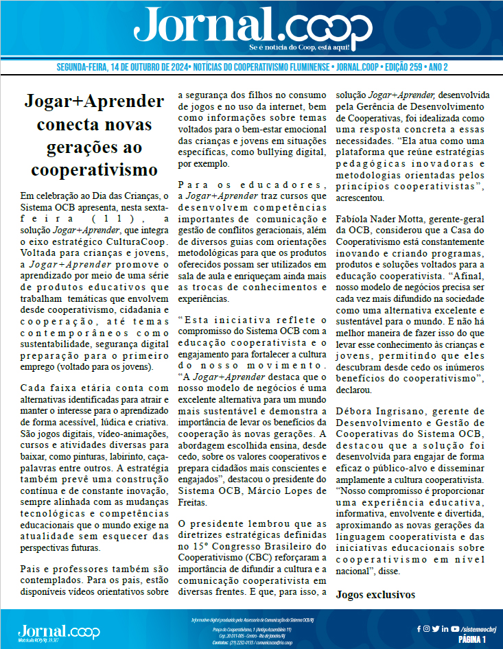 Jornal.Coop – Edição 259 – Ano 2 – 14 de Outubro de 2024
