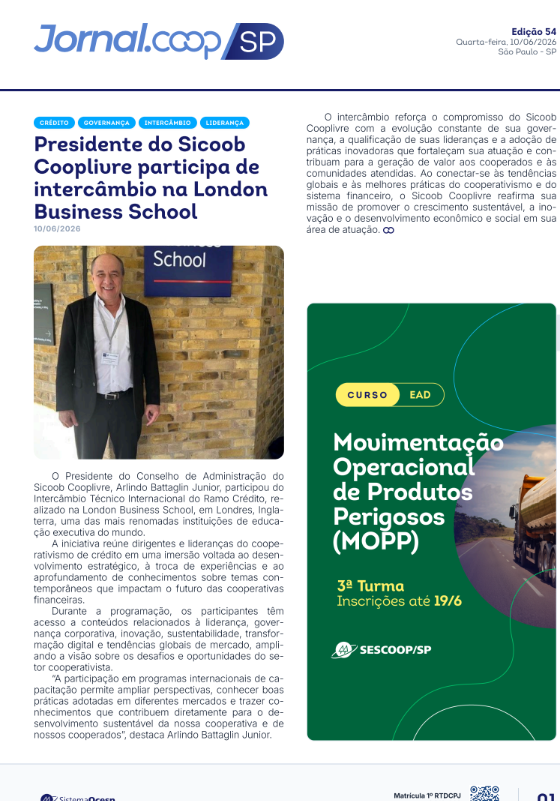 Jornal Sescoop/SP – Edição 054 – Ano 1 – SP – 10 de Junho de 2026