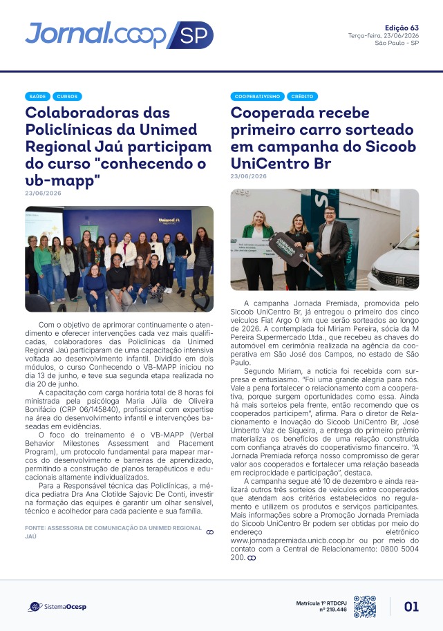 Jornal Sescoop/SP – Edição 063 – Ano 1 – SP – 23 de Junho de 2026