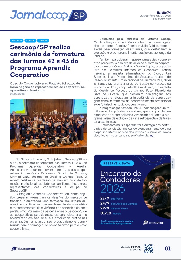 Jornal Sescoop/SP – Edição 074 – Ano 1 – SP – 8 de Julho de 2026