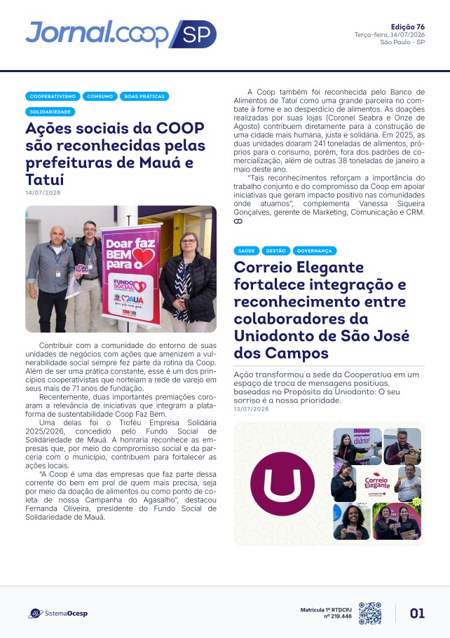 Jornal Sescoop/SP – Edição 076 – Ano 1 – SP – 14 de Julho de 2026