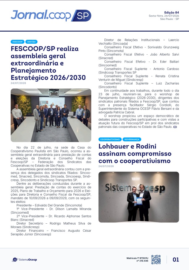 Jornal Sescoop/SP – Edição 084 – Ano 1 – SP – 24 de Julho de 2026