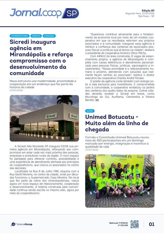 Jornal Sescoop/SP – Edição 085 – Ano 1 – SP – 27 de Julho de 2026