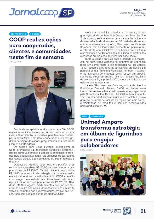 Jornal Sescoop/SP – Edição 087 – Ano 1 – SP – 29 de Julho de 2026