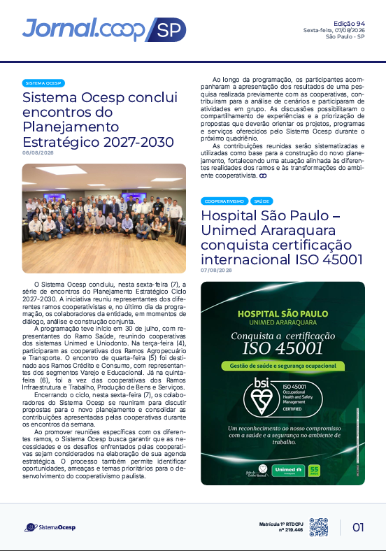 Jornal Sescoop/SP – Edição 094 – Ano 1 – SP – 07 de Agosto de 2026.