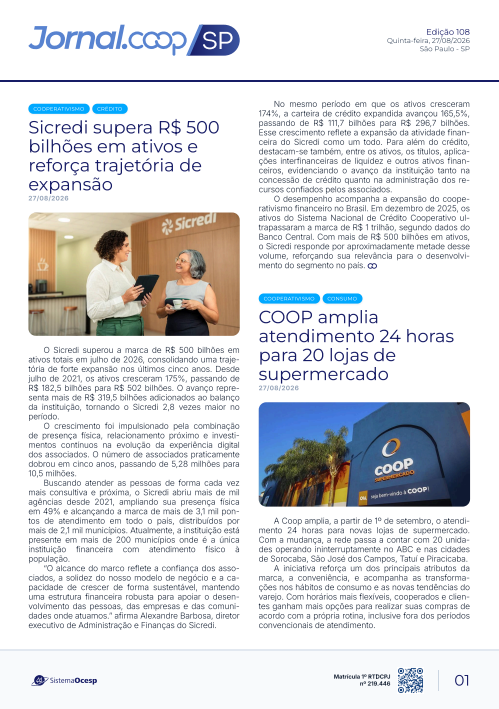 Jornal Sescoop/SP – Edição 108– Ano 1 – SP – 27 de Agosto de 2026.