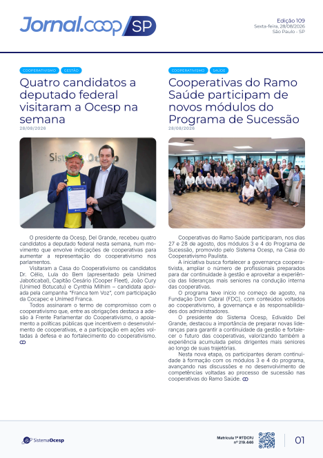 Jornal Sescoop/SP – Edição 109– Ano 1 – SP – 28 de Agosto de 2026.