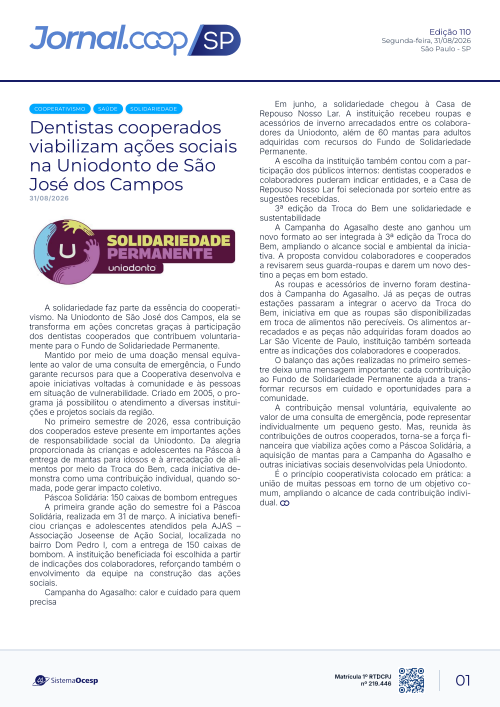 Jornal Sescoop/SP – Edição 110 – Ano 1 – SP – 31 de Agosto de 2026.