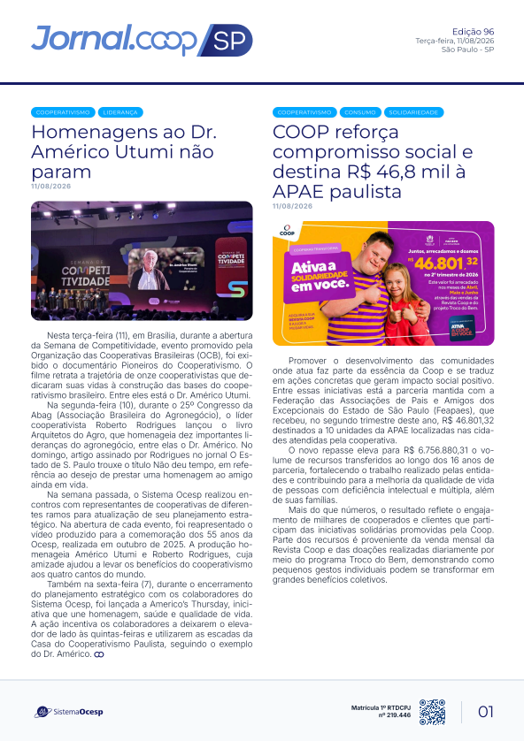 Jornal Sescoop/SP – Edição 096 – Ano 1 – SP – 11 de Agosto de 2026.