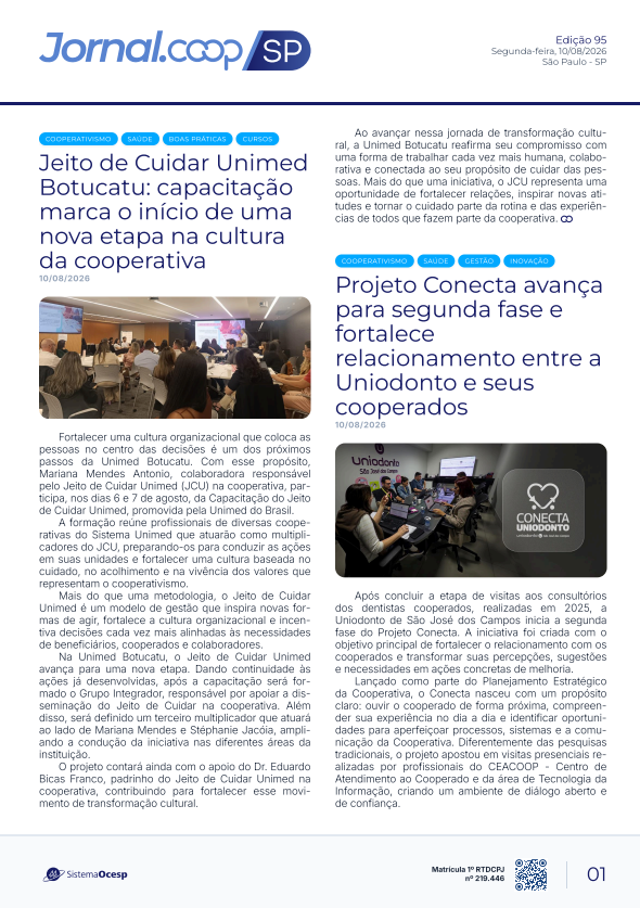 Jornal Sescoop/SP – Edição 095 – Ano 1 – SP – 10 de Agosto de 2026.
