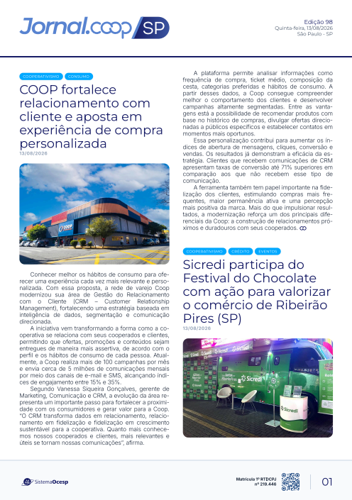 Jornal Sescoop/SP – Edição 098 – Ano 1 – SP – 13 de Agosto de 2026.