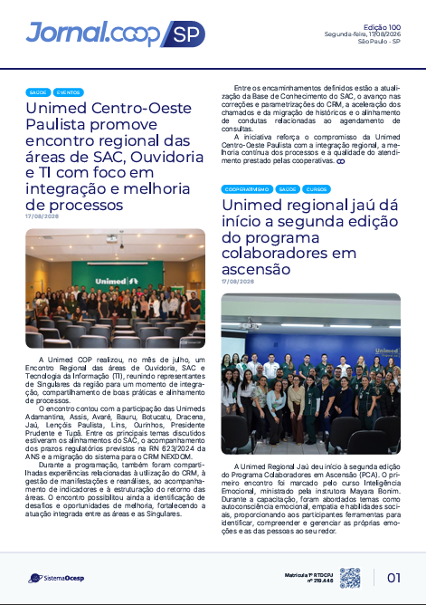 Jornal Sescoop/SP – Edição 100 – Ano 1 – SP – 17 de Agosto de 2026.