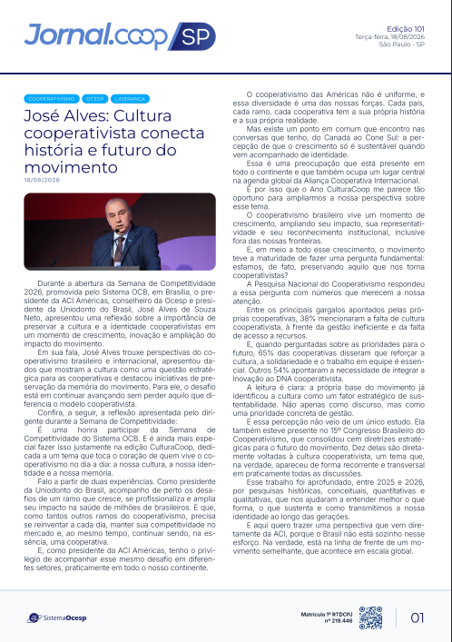Jornal Sescoop/SP – Edição 101– Ano 1 – SP – 18 de Agosto de 2026.