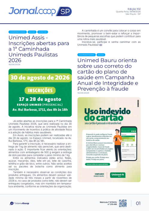 Jornal Sescoop/SP – Edição 102– Ano 1 – SP – 19 de Agosto de 2026.