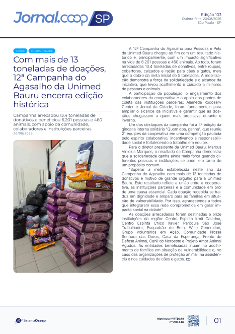 Jornal Sescoop/SP – Edição 103 – Ano 1 – SP – 20 de Agosto de 2026.
