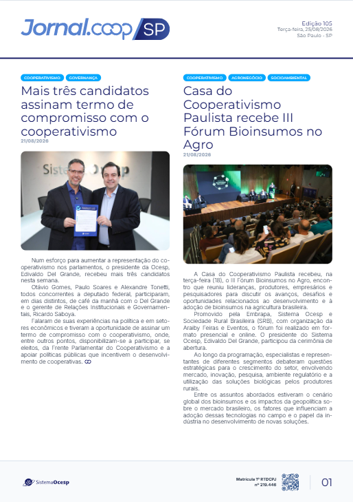 Jornal Sescoop/SP – Edição 105 – Ano 1 – SP – 24 de Agosto de 2026.