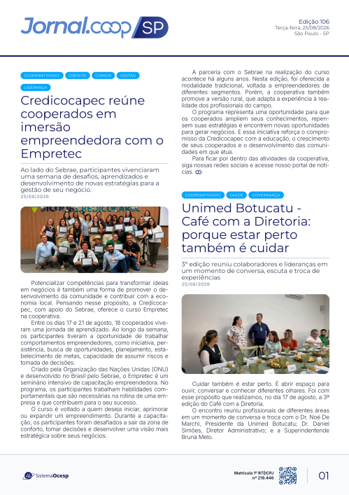 Jornal Sescoop/SP – Edição 106 – Ano 1 – SP – 25 de Agosto de 2026.