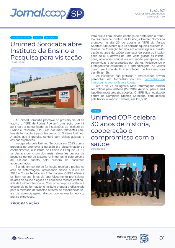 Jornal Sescoop/SP – Edição 107– Ano 1 – SP – 26 de Agosto de 2026.