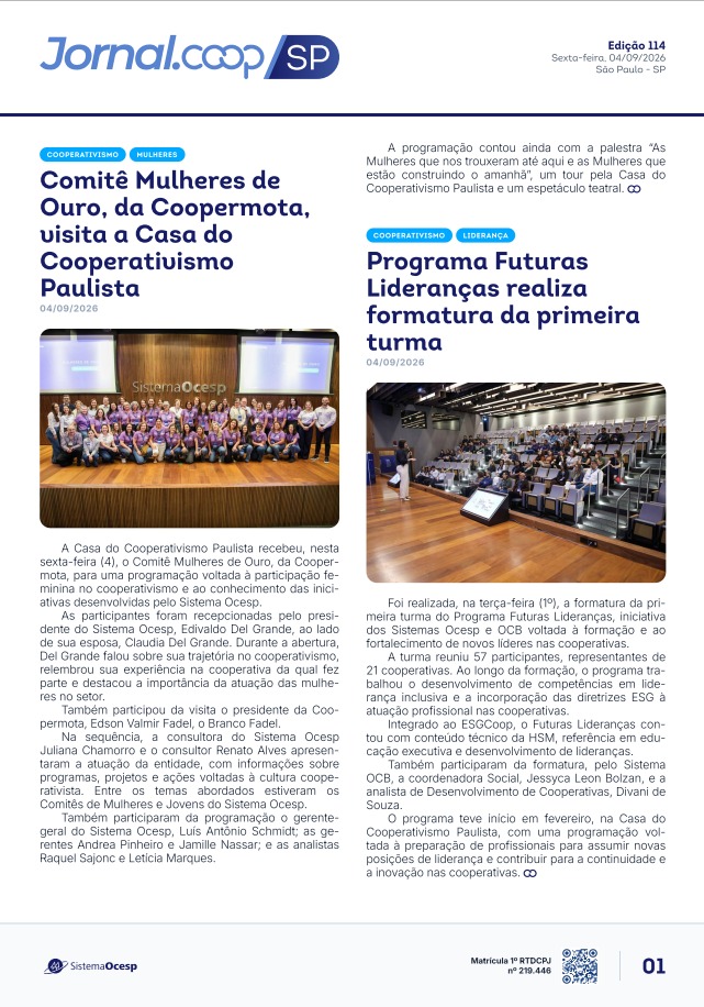 Jornal Sescoop/SP – Edição 114 – Ano 1 – SP – 04 de Setembro de 2026.