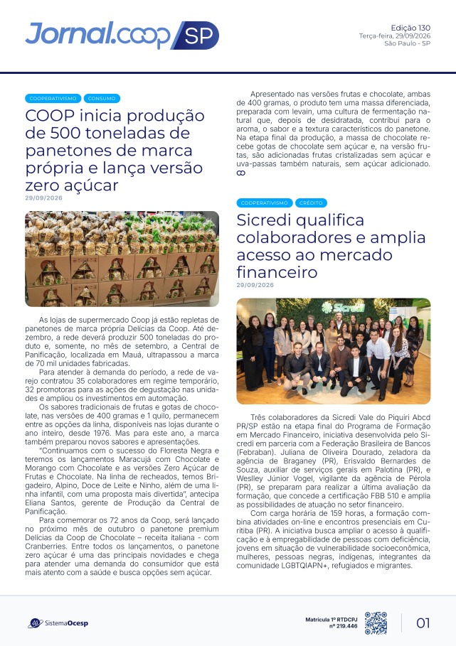 Jornal Sescoop/SP – Edição 130 – Ano 1 – SP – 29 de Setembro de 2026.