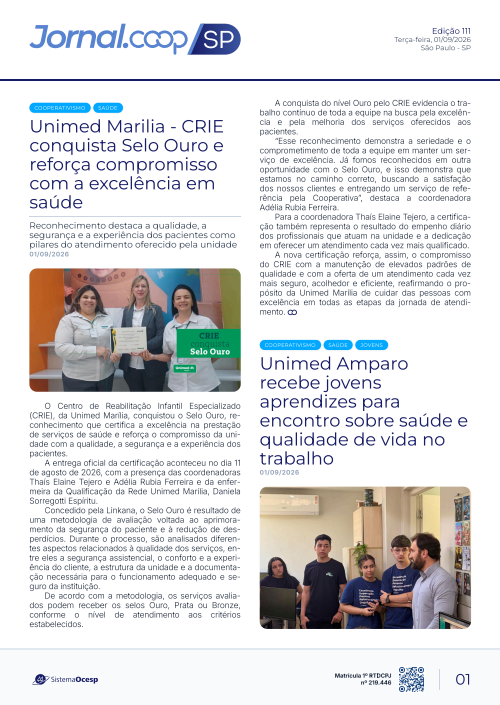 Jornal Sescoop/SP – Edição 111 – Ano 1 – SP – 01 de Setembro de 2026.