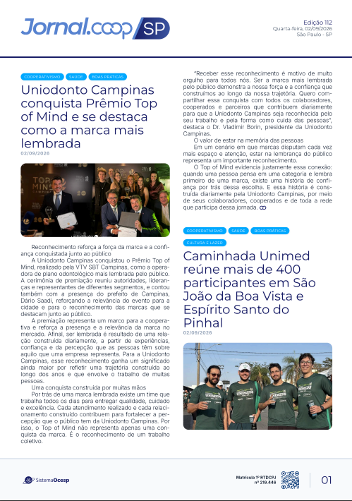 Jornal Sescoop/SP – Edição 112 – Ano 1 – SP – 02 de Setembro de 2026.