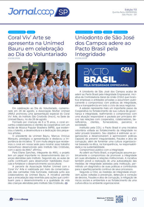Jornal Sescoop/SP – Edição 113 – Ano 1 – SP – 03 de Setembro de 2026.