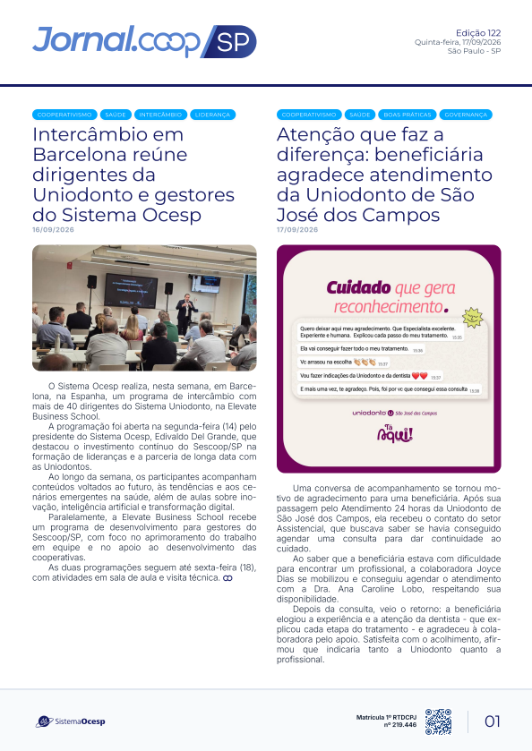 Jornal Sescoop/SP – Edição 122 – Ano 1 – SP – 03 de Setembro de 2026.