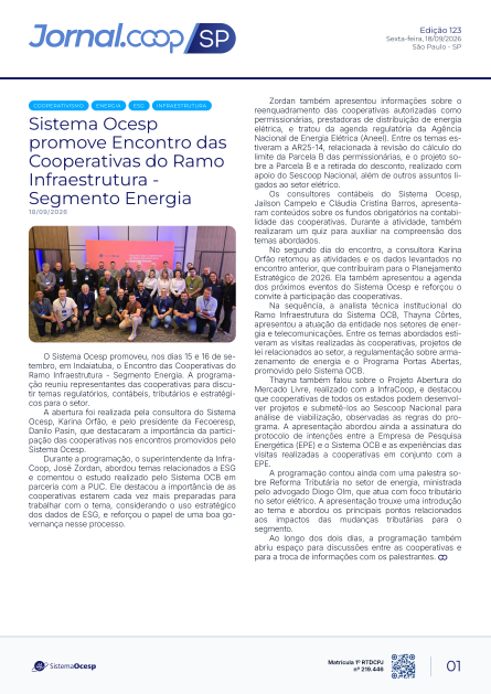 Jornal Sescoop/SP – Edição 123 – Ano 1 – SP – 03 de Setembro de 2026.