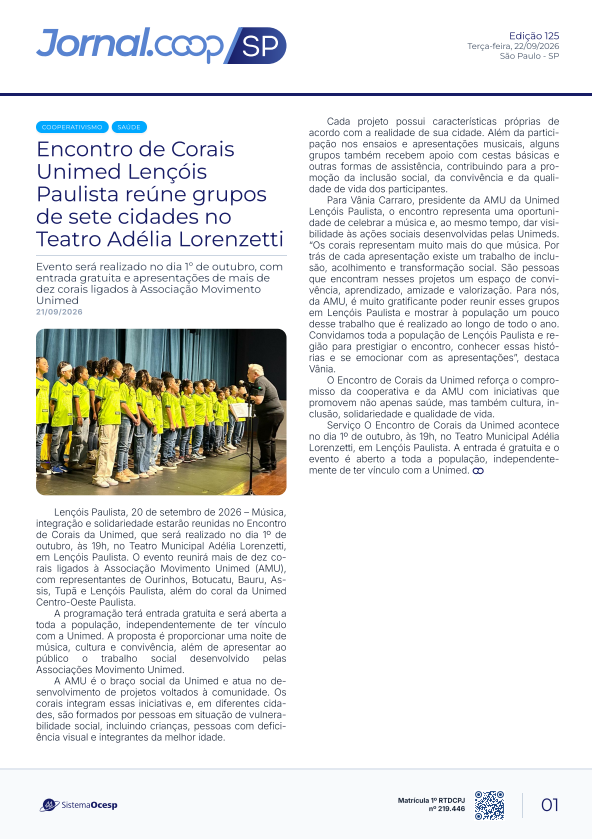 Jornal Sescoop/SP – Edição 125 – Ano 1 – SP – 22 de Setembro de 2026.