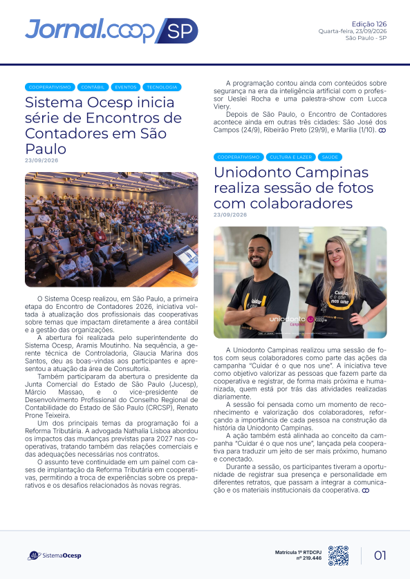 Jornal Sescoop/SP – Edição 126 – Ano 1 – SP – 23 de Setembro de 2026.