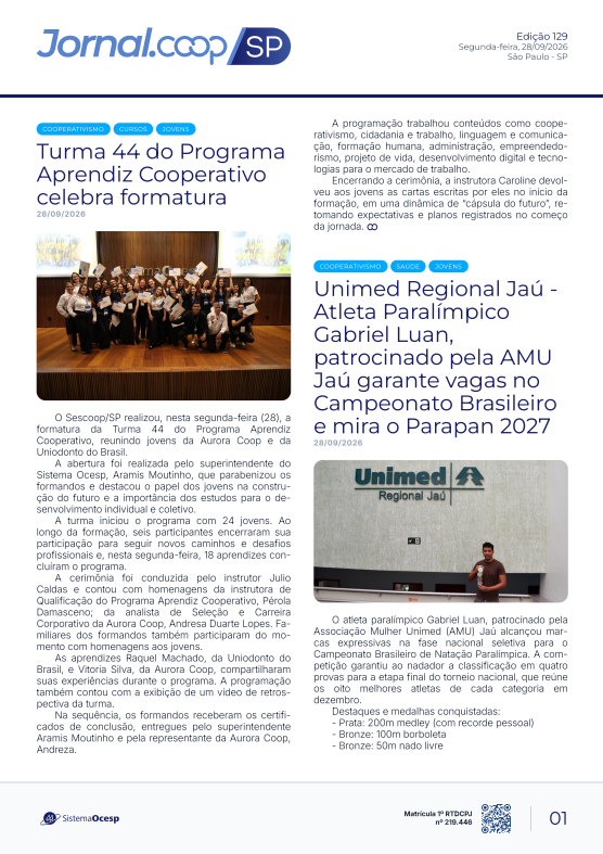 Jornal Sescoop/SP – Edição 129 – Ano 1 – SP – 28 de Setembro de 2026.