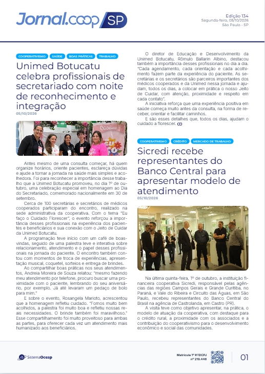 Jornal Sescoop/SP – Edição 134 – Ano 1 – SP – 05 de Outubro de 2026.