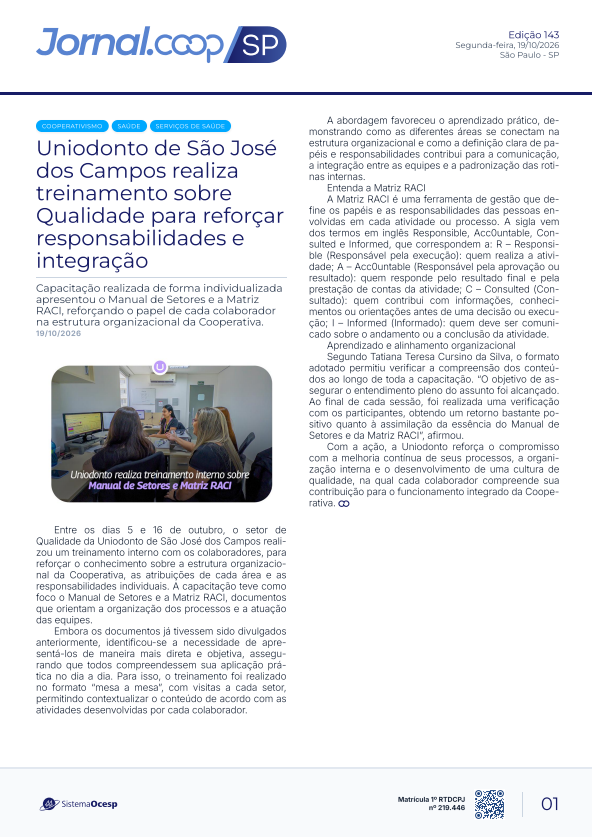 Jornal Sescoop/SP – Edição 143 – Ano 1 – SP – 19 de Outubro de 2026.