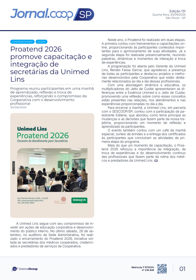 Jornal Sescoop/SP – Edição 131 – Ano 1 – SP – 30 de Setembro de 2026.
