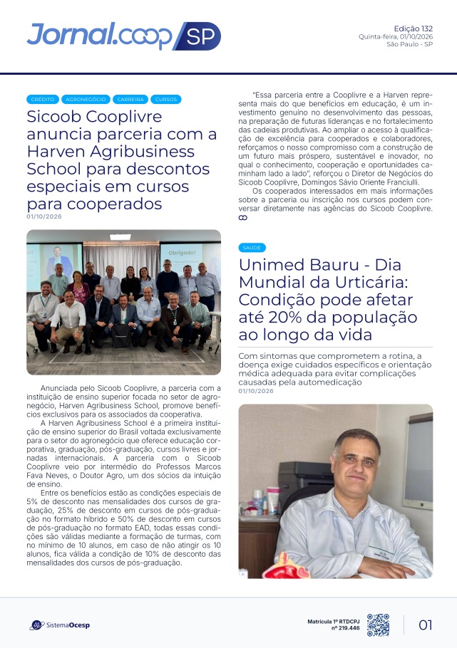 Jornal Sescoop/SP – Edição 132 – Ano 1 – SP – 1 de Outubro de 2026.