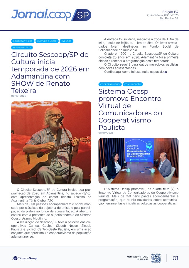 Jornal Sescoop/SP – Edição 137 – Ano 1 – SP – 08 de Outubro de 2026.