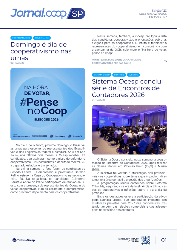 Jornal Sescoop/SP – Edição 133 – Ano 1 – SP – 02 de Outubro de 2026.