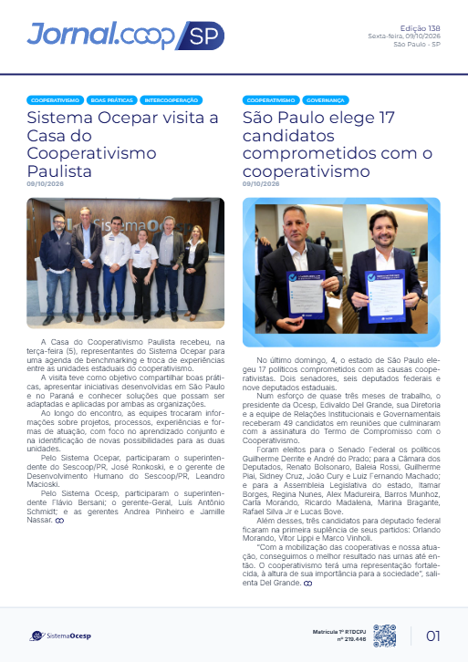 Jornal Sescoop/SP – Edição 138 – Ano 1 – SP – 09 de Outubro de 2026.