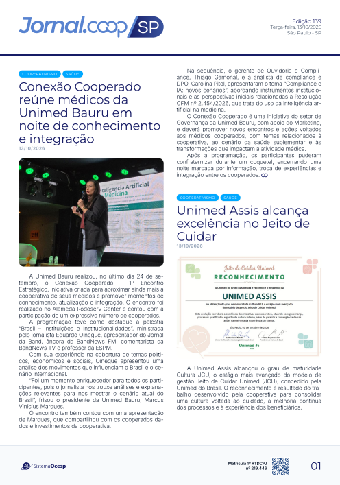 Jornal Sescoop/SP – Edição 139 – Ano 1 – SP – 13 de Outubro de 2026.