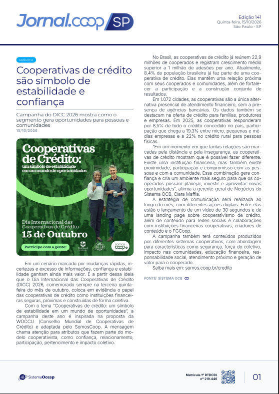 Jornal Sescoop/SP – Edição 141 – Ano 1 – SP – 15 de Outubro de 2026.