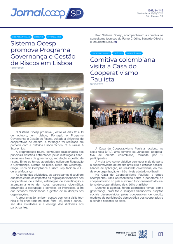 Jornal Sescoop/SP – Edição 142 – Ano 1 – SP – 16 de Outubro de 2026.