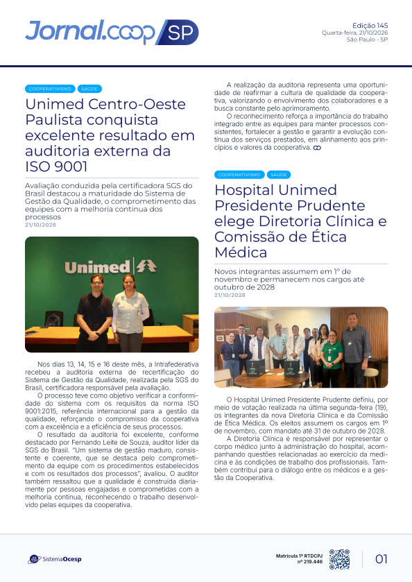Jornal Sescoop/SP – Edição 145 – Ano 1 – SP – 21 de Outubro de 2026.